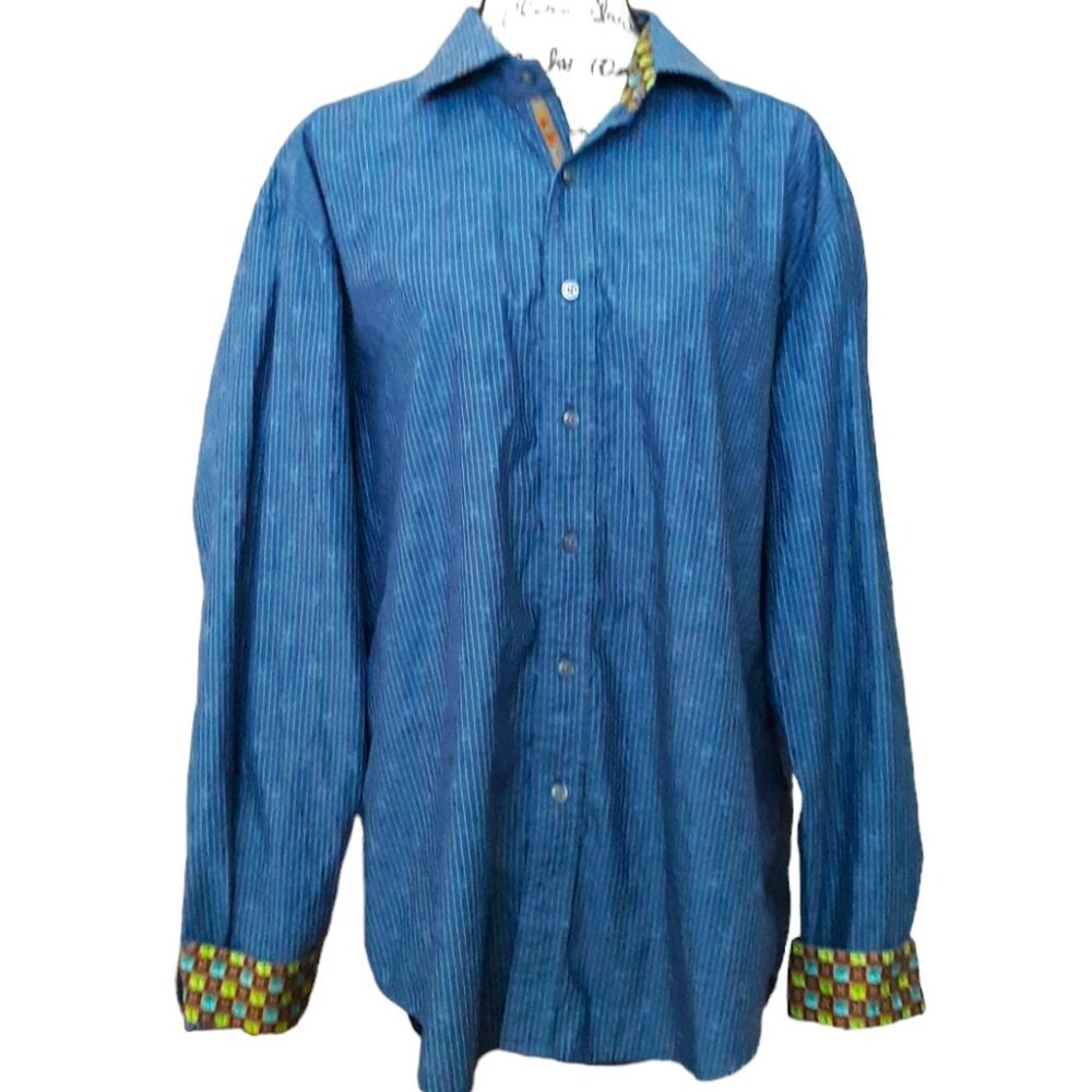 Robert Graham Blue Button Down Shirt Long Sleeve Striped XL